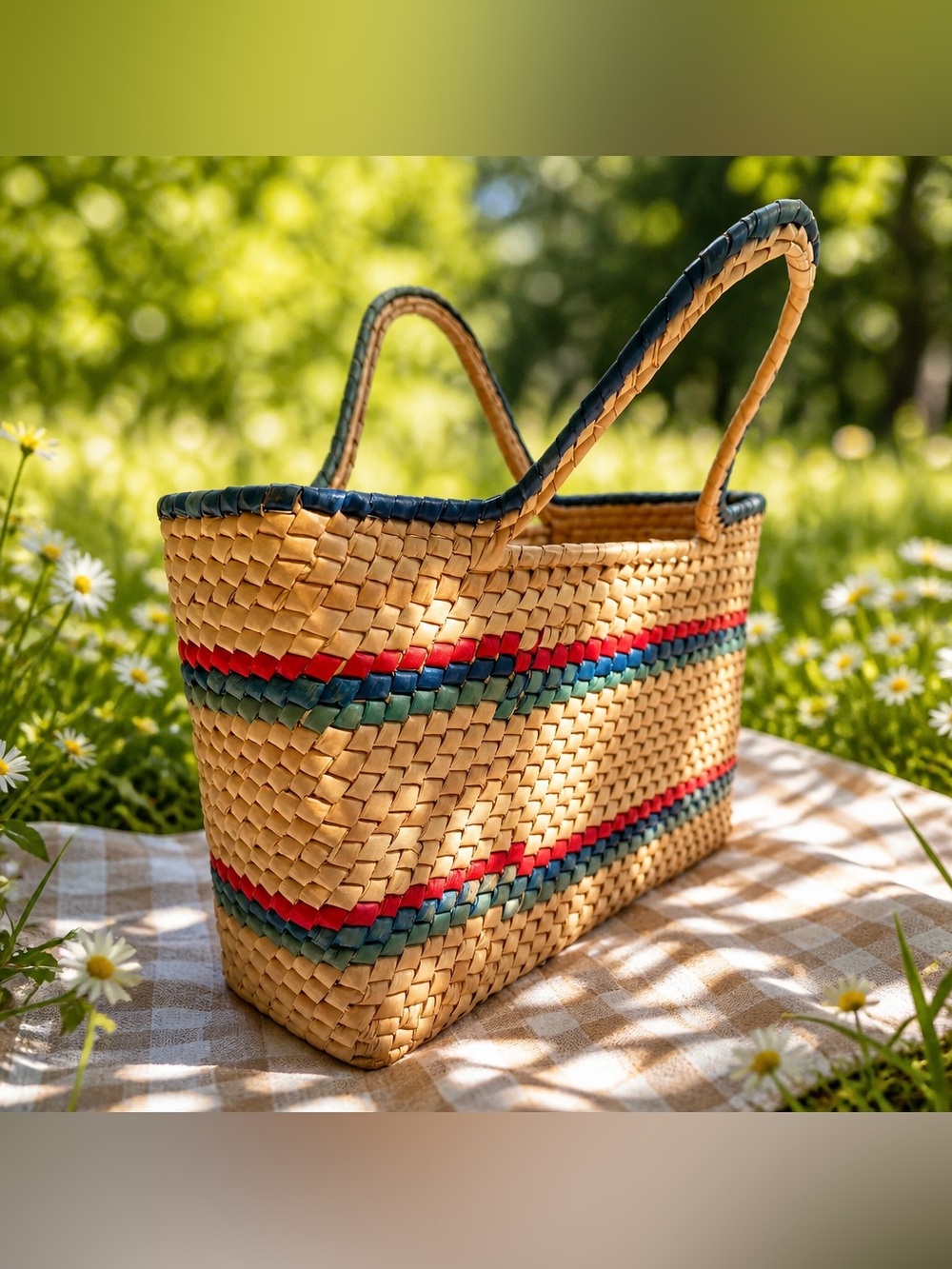 Woven Straw Tote Bag with Multicolor Stripe/Cottagecore/Vacation/Beach